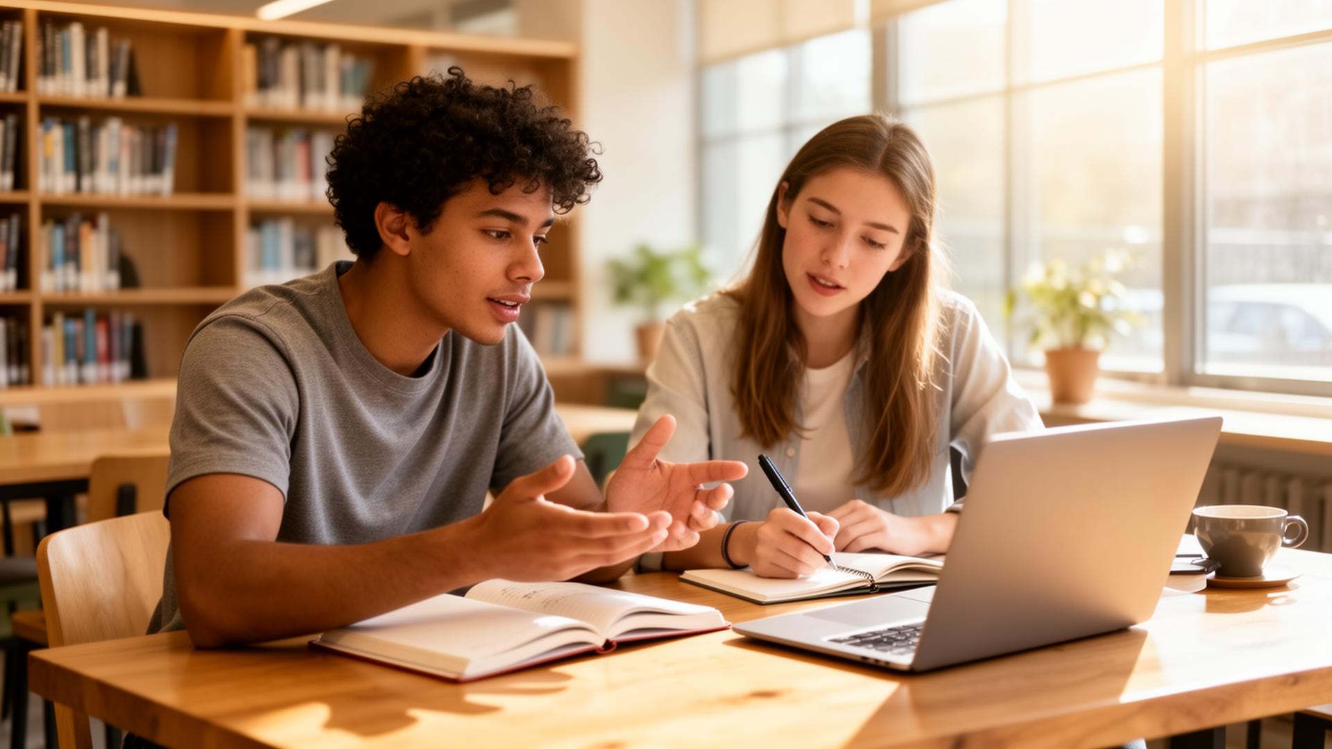 Two college students studying together
